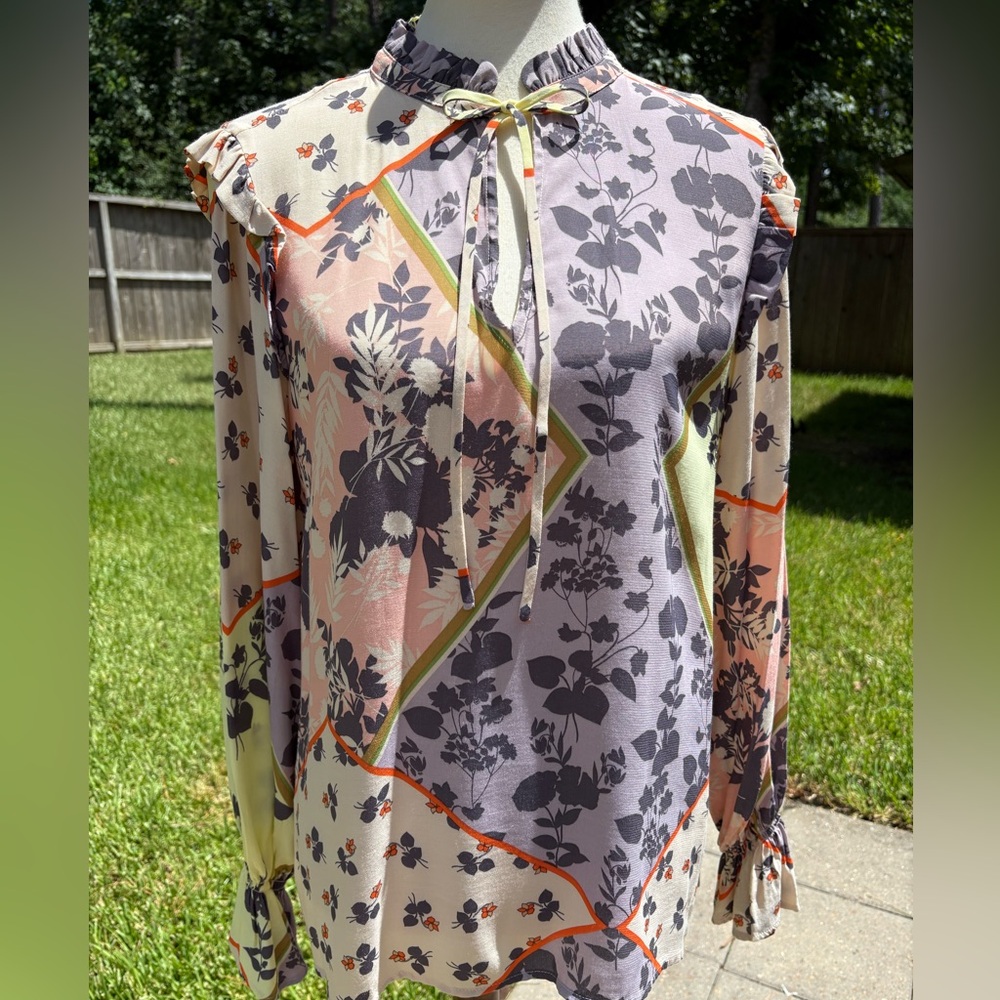 Sanctuary Floral Purple Pink Orange Multicolor Ruffle Blouse